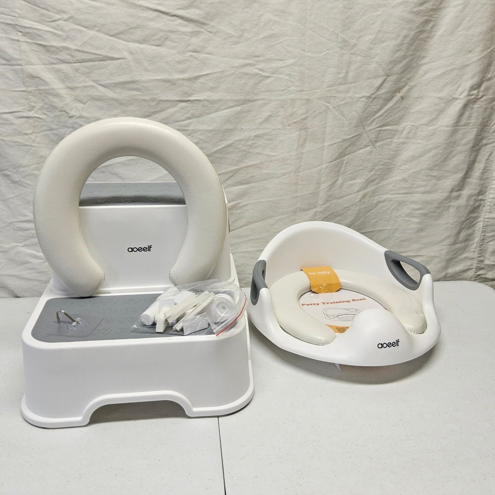 aoeelf Potty‎ Training Seat 2 Step Stool Set Kids White Gray Cushioned Handrail